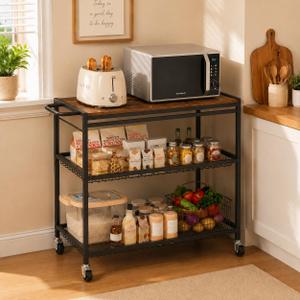 Microwave Kitchen Cart – 3 Tier Rolling Kitchen Utility Cart for Microwave Table Stand, Coffee Cart, Bar Cart, Kitchen Appliance Storage with Adjustable Shelf & Lockable Wheels, 34.25" L x 33.46" H, 29.92"Wx17.8"Dx33.46"H
