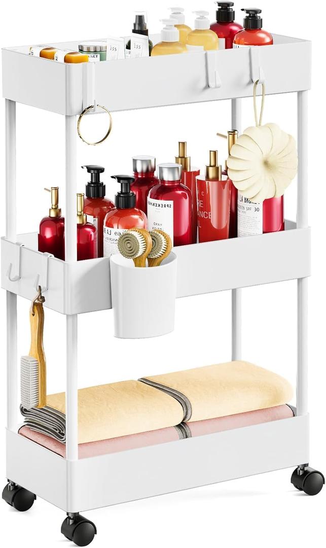Pipishell Slim Storage Cart with Wheels, Bathroom Cart Organizer Storage Small, Rolling Carts for Bathroom, Laundry Room, Kitchen, Narrow Space, White PIUC04W (3-Tier)