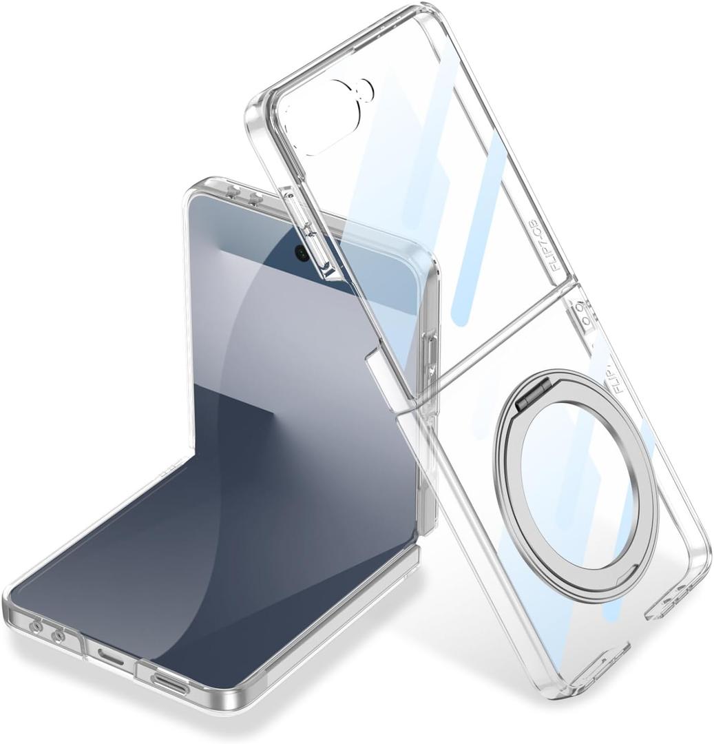 Clear Magnetic Case for Samsung Galaxy Z Flip 7 with Ring Holder & Built-in Screen Protector [Compatible with Wireless Charging ] Crystal Clear Plating Shockproof Cover for Z Flip 7 (Transparent)