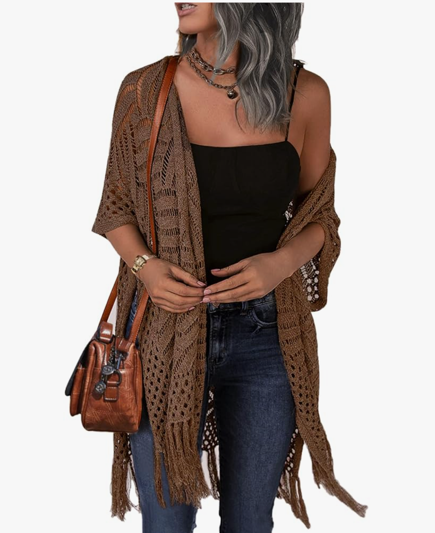 HOTOUCH Womens Knit Cardigan Open Front Outwear Hollow Out Crochet Tassel Lightweight Kimonos Sweater, L, Brown