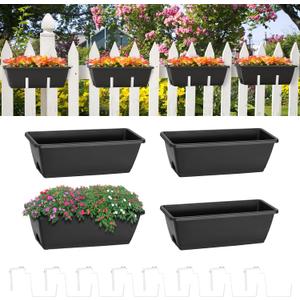 smusei Railing Planter Box 4 Pack Window Boxes Planters with Flower Box Brackets, 17 Rectangle Balcony Deck Railing Hanging Planters for Outdoor Fence Garden Patio Plants (Black+white Brackets)