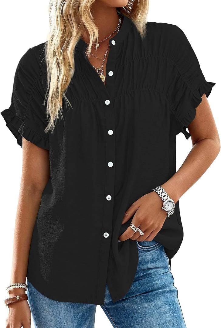 MASCOMODA Womens 2026 Button Down Shirts Ruffle Short Sleeve Loose Summer Tops Dressy Casual V Neck Business Work Blouses(Black, XX-Large)