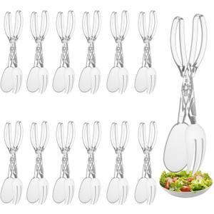Set of 12 Plastic Salad Scissor Tongs 11.5 Inches for Serving Reusable Food Tongs, Clear Utensils for Chef Cooking, Kitchen, Buffet, Party, Catering Supplies