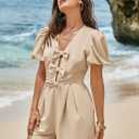 Cicy Bell Womens Cute Rompers Bow Front Puff Sleeve V Neck Short Jumpsuits Sexy Summer Outfits with Pockets (L)