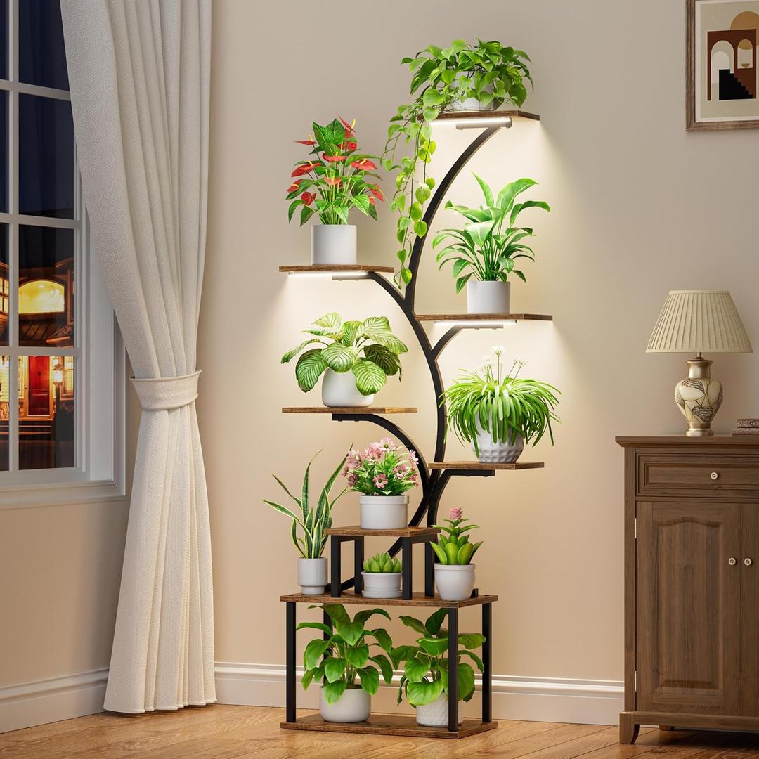 POZILAN Plant Stand Indoor with Grow Light, 8-Tiered Tall Plant Stands for Indoor Plants Multiple, Metal Plant Shelf Display Rack Holder, Flower Stand for Indoor Plants, Living Room, Garden, Patio