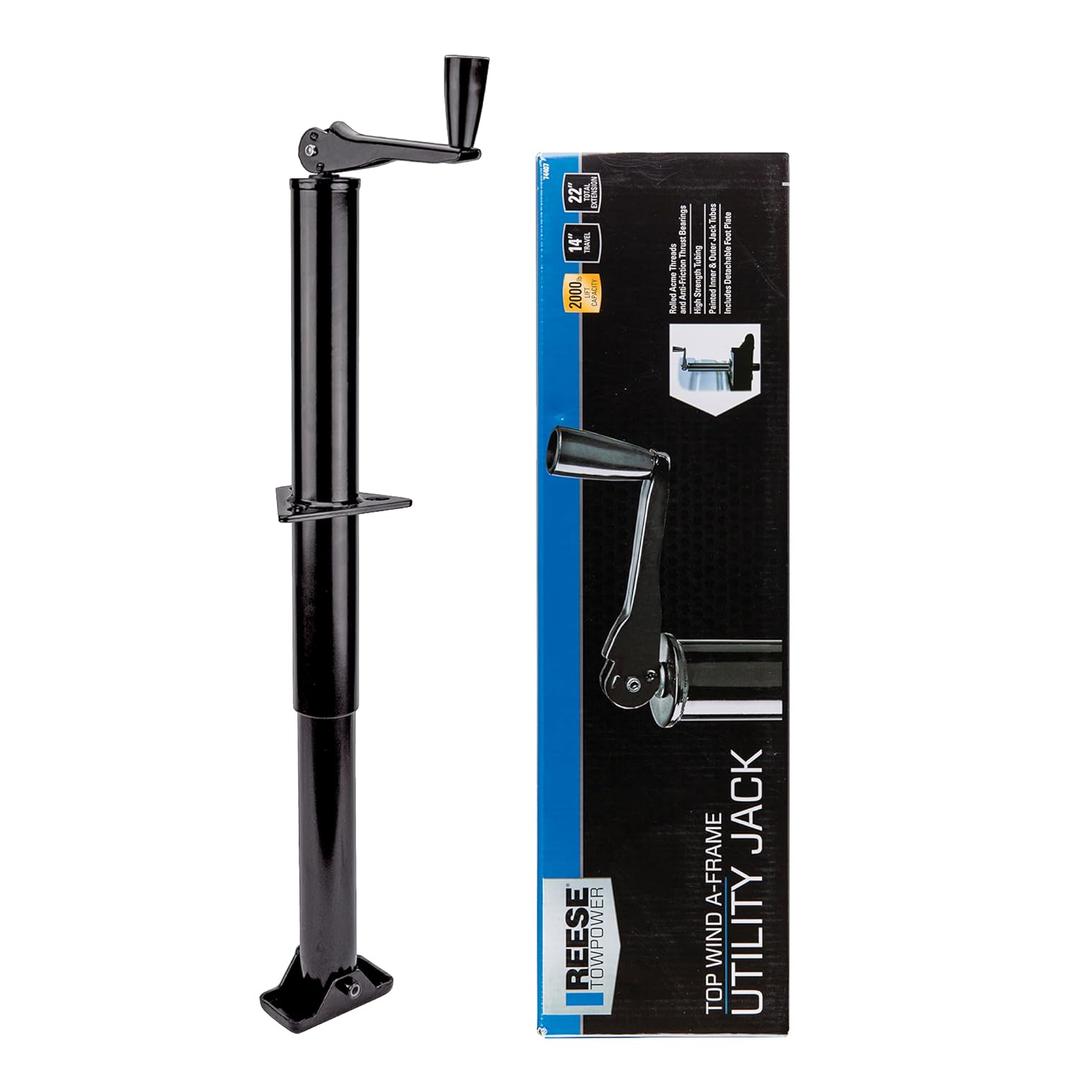 REESE Towpower 74407 Round Trailer Jack, A-Frame, 2,000 lbs. Lift Capacity, Topwind, Bolt-On, 14 Inch Travel.