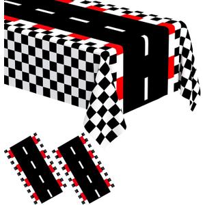 WNINK 2 PCS Racing Car Theme Tablecloths Car Disposable Plastic Tablecloths Black Checkered Flag Table Covers Racetrack Rectangular Tablecloth for Race Car Birthday Party Decorations, 54 x 108 Inch