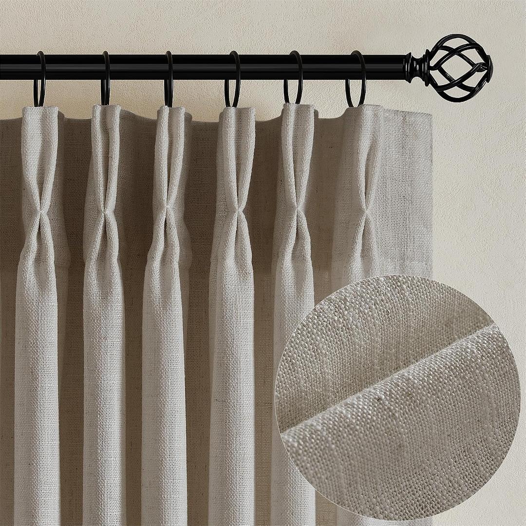 Flax Linen Curtains Pinch Pleated 84 Inch Length 2 Panels for Living Room Bedroom Burlywood Birch Semi Sheer Rustic Farmhouse Back Tab Pinch Pleat Hooks Rings Window Curtain 84 Inches Long Taupe