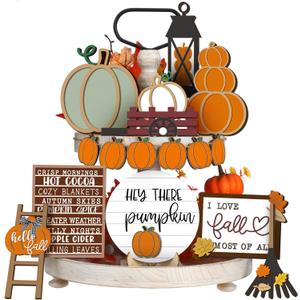 Maitys 1 Set Thanksgiving Tiered Tray Decor Set Fall Tiered Tray Decorations Autumn Pumpkin Leaves Rustic Farmhouse Decor Autumn Harvest Decorative Wooden Tabletop Sign for Home Kitchen(Rustic Style)