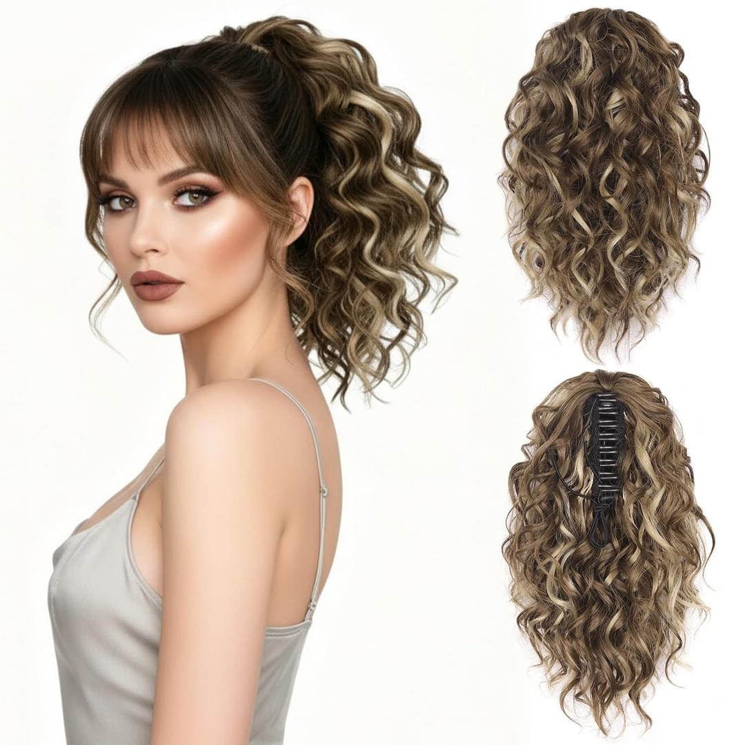 12 Inch Ponytail Extension - Soft Curly Pony Tails Hair Extensions, Claw Clip Ponytail Extension, Synthetic Clip in Ponytail Hair Extensions (Color: Ash Brown with Beige Blonde Highlights)