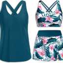 Daci Womens Teal Flower 3 Piece Tankini Swimsuits with Skirt - Tummy Control Bathing Suit Swim Tank Top and Sport Bra 2026 Athletic Swimwear XXL