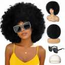 Colored Afro Wigs for Women Men 70s and Disco Sunglasses Set, Funny Wig with Curly Bouncy Huge Fluffy Puff and Oversize Retro Rhinestone Sunglasses - for Costume Cosplay Party (Black)