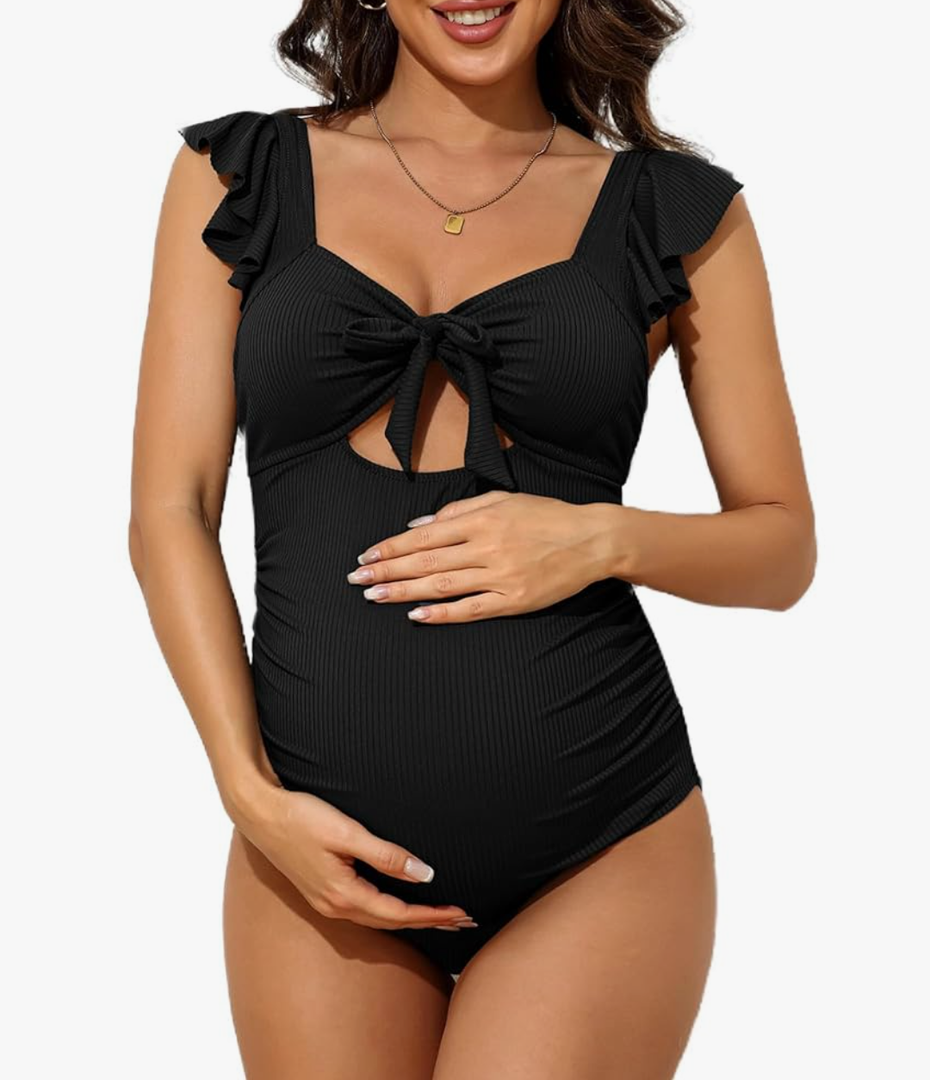 Charmo Ruffle Maternity Bathing Suits for Women Ribbed Tie Knot Maternity Swimsuit Cutout Ruched Pregnancy Swimwear Medium