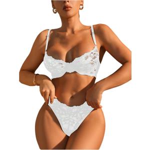 SOLY HUX Women's Floral Lace Sheer Underwire Bralette Bra and Panty Lingerie Set, X-Large (Pure White)