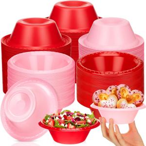Meanplan 100 Pcs Mother's Day Plastic Disposable Bowl 12 oz Pastel Pink Green Soup Dessert Salad Bowl Candy Snack Plate Serving Supplies for Summer Holiday Birthday Wedding Party (Red Pink)