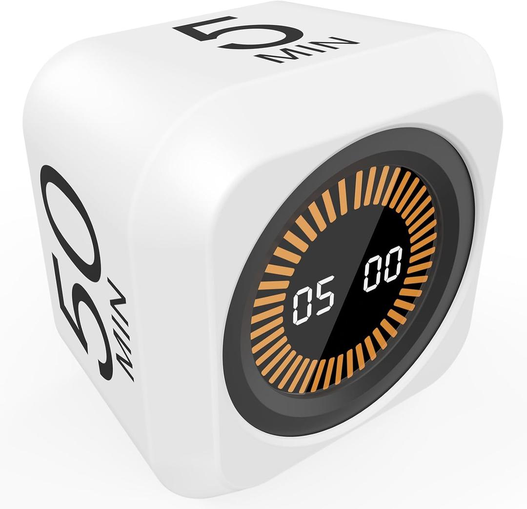 Rotating Cube Visual Pomodoro Timer 5, 25, 10 50 Minutes Preset + Custom Countdown, Rechargeable Desk Productivity Flip Timer with Detachable Silicone Cover for ADHD Study Work Kitchen School (White)