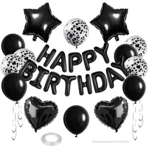 27 Pcs Black Birthday Decorations, 3D Foil Black Happy Birthday Balloon Banner, Pentagram Heart Foil Balloons Confetti Balloons Kit For Boys Girls Birthday Party Supplies