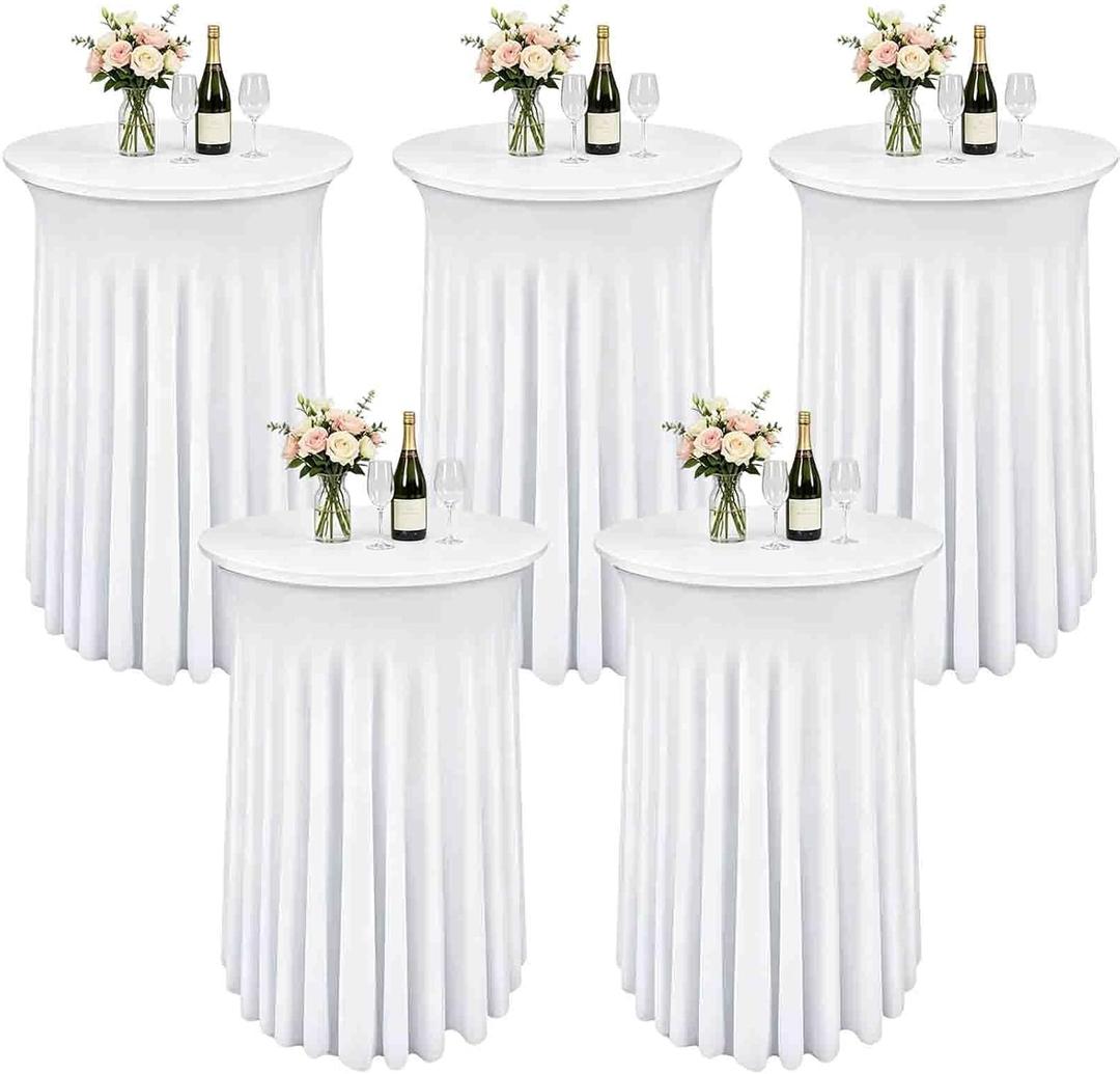 5 Pack White Cocktail Table Covers - 32 x 43 Inch Stretch Spandex Cocktail Tablecloths with Skirt Round Stretch High Top Table Cloths for Party, Bar, Pub, Wedding, Banquet, Birthday