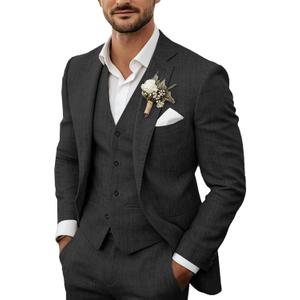Men's 3 Piece Linen Suits Casual Lightweight Blazer Jackets Vest Pants Set for Wedding Business Prom Suit (Black, L)