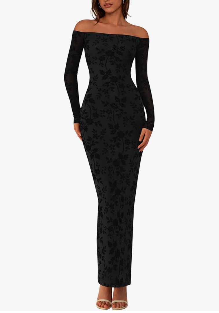 Womens Off The Shoulder Floral Maxi Bodycon Dress Fall Long Sleeve Mesh Fitted Long Formal Wedding Guest Dresses, Size L, Black