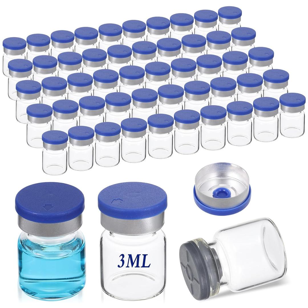 50 Pcs 3ml Sealed Sterile Vials with Self Healing Injection Port, Empty Vials with Plastic-Aluminum Flip Caps, Glass Empty Vials for Injection, Liquid Sample Storage Vial with Caps
