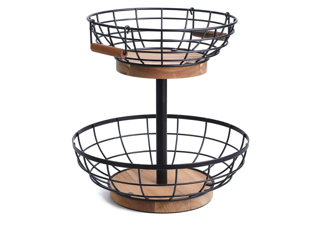 WILDMOS 2-tier Fruit Basket Bowl,Metal Basket with Wooden Base,Fruit and Vegetable Storage with Banana Hanger,Fruit Basket for Kitchen Counter Organizer.