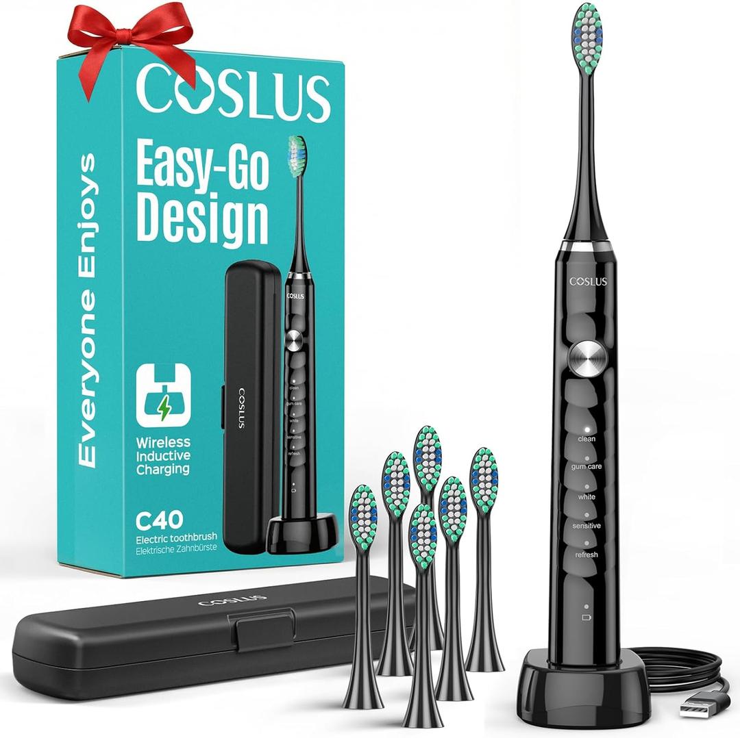 COSLUS Sonic Electric Toothbrush for Adults: 47000 VPM for Deep Cleaning & Whitening with Travel Case - 5 Modes for Sensitive Teeth & Braces, Wireless Charging, 6 Brush Heads for Family, Black (1PC)