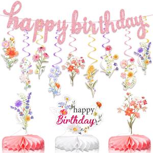 22 Pcs Flower Birthday Decorations 1 Wildflower Happy Birthday Banner 18 Wildflower Hanging Swirls 3 Honeycomb Centerpiece for Party Decorations Girls Women (Pink)