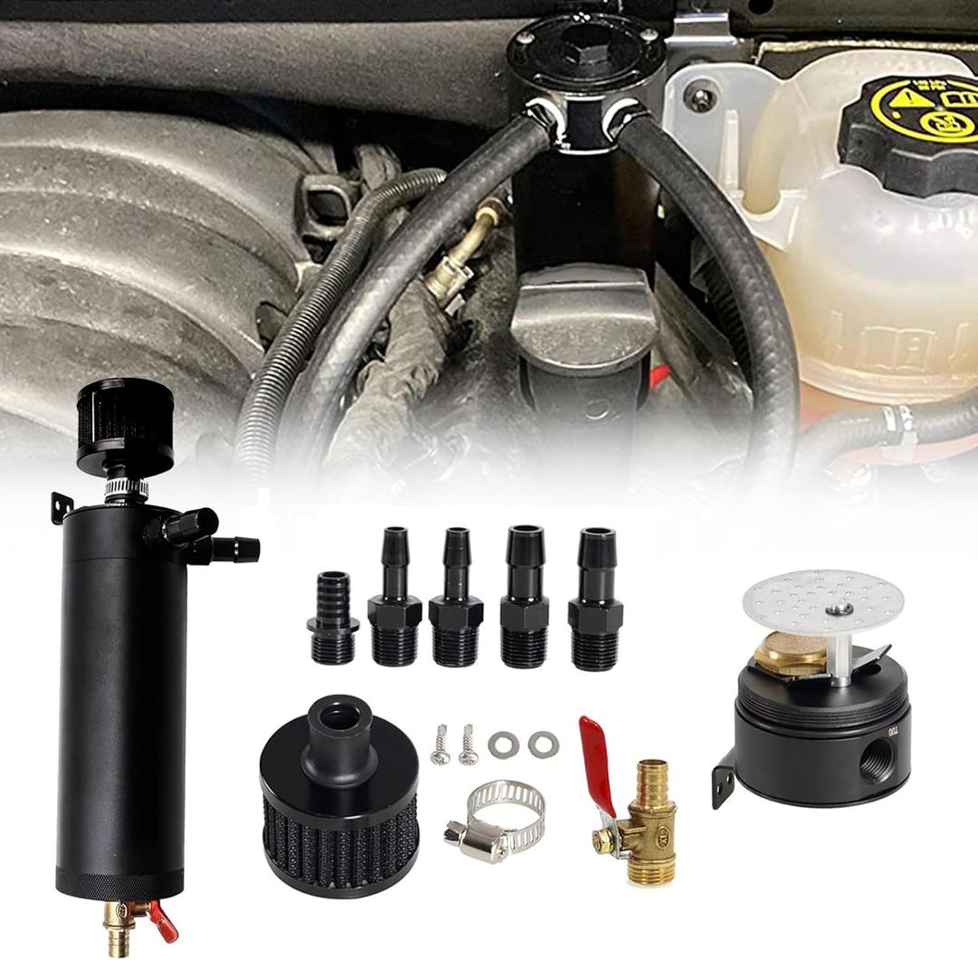 Sporacingrts Universal 750ml 2-Port Oil Catch Can Baffled Reservoir Tank Breather Filter with Drain Valve Black Aluminum