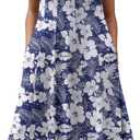 Zeagoo Womens Casual Dresses for Summer Short Sleeve Flare Midi Dress Loose Flowy Beach Sundress (Large, Deep Blue Flower)