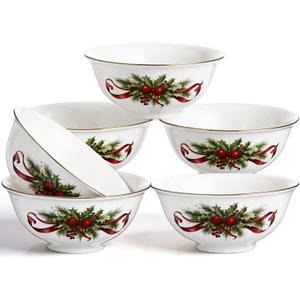 Teenyyou 6 Set Christmas Ceramic Bowl 9.5 oz Small Serving Bowls Holiday Dinnerware for Soups Desserts Snacks Cereal Rice Dips (Holly Berries)