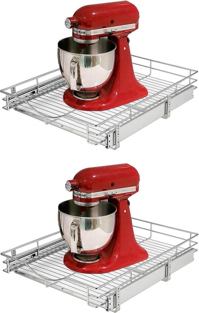 DINDON 1 Tier Pull Out Cabinet Organizer (11" W x 21" D) Heavy-Duty Metal Sliding Drawer Shelf, Slide Out Wire Basket for Kitchen Cabinets, Pantry, Bathroom, Chrome Finish, Set Of 2