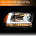 LED DRL Headlight Assembly,Fit 2009-2018 Dodge Ram 1500/10-18 Ram 2500 3500 4500 5500(Only fit factory dual beam halogen headlights, Additional H4 bulb required) Chrome Housing Amber Reflector