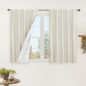 LAMIT Natural 100% Blackout Linen Curtains, 40 Inches Linen Textured Thermal Bedroom Curtains Back Tab and Rod Pocket Neutral Panels with White Liner for Farmhouse, 2 Panels, 42 x 40 Inch, Ivory