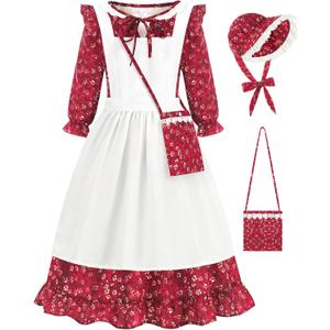 Pioneer Girls Dress Floral Colonial Prairie Costumes for Little Kids with Apron and Bonnet (10-12/150, Dark Red)