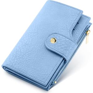Women's Bifold Wallet, RFID Blocking Credit Card Holder with Zipper, Travel Cute Coin Pocket Wallet for Ladies, Blue