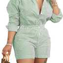 Women's 2 Piece Striped Outfits Long Sleeve Button Down Shirt and Shorts Set Lounge Matching Sets 2026 Summer Medium