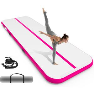 Inflatable Gymnastics Mat 10ft/ 13ft/ 16ft, 4 inches Thickness Gymnastic Mats with Electric Pump and Carry Bag for Kids Home Use Outdoor Training Yoga Cheerleading Gym Studio Backyard Park (Pink)