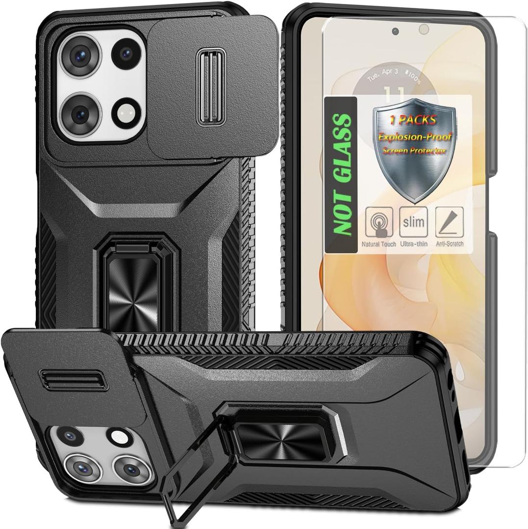 for Moto G 5G 2025 Case,with Sliding Camera Lens Cover,HD Screen Protector,360 Rotating Ring Kickstand,AYMECL Military-Grade Shockproof Protective Cover for Motorola Moto G 5G 2025,Black