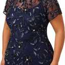 Adrianna Papell Women's Bead Long Dress with Godets, Light Navy, 14W (Blue)