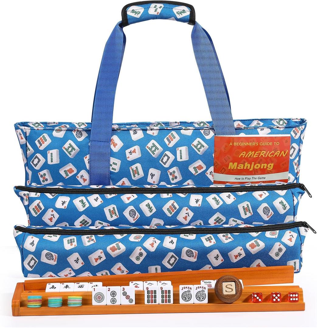 American Mahjong Tile Set, 166 White Tiles & 4 All-in-One Wooden Racks with Pushers, Mah Jongg Game Sets with Blue Mahjong-Themed Carrying Bag