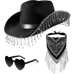Leumoi 3 Pcs Rhinestone Cowgirl Hat with Fringe Rhinestone Bandana and Heart Sunglasses Bling Diamond Fringe Cowboy Hat (Black)