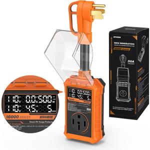 Kohree RV Surge Protector 50 amp with LED Real-time Large Screen Display Voltage Current KWH, 16000 Joules Auto Shut Off, Circuit Analyzer RV Power Surge Protector Waterproof for Camper, Orange