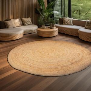 7 Feet Jute Hand Woven Area Rug, Reversible, Round, Solid Farmhouse Design, Natural Fiber, for High Traffic Areas, Bedroom, Living Room, Dining Room, Hallway, Office, Kitchen, Entryway
