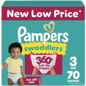 Pampers Diapers - Swaddlers 360 - Size 3, 70 Count, up to 100% Leakproof Comfy Dry Fit, Designed for Easy Changes, Pull On Baby Diaper (Packaging May Vary)
