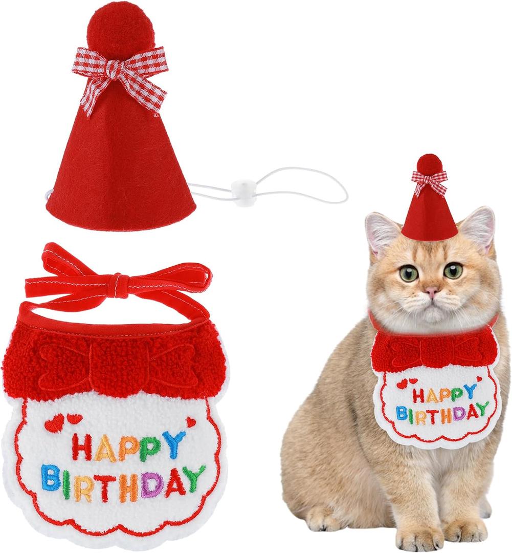 Small Dog Cat Birthday Hat Scarf Set, Cute Pet Birthday Bandana Party Supplies Puppy Happy Birthday Decorations Embroidered Birthday Gift for Girls Boys Kitten Dog(Red)