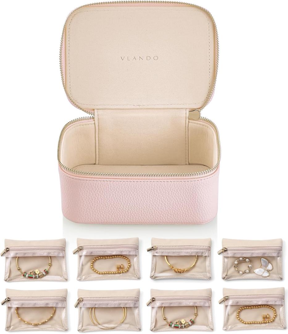 Vlando Jewelry Travel Case,Travel Jewelry Organizer with Clear Velvet Jewelry Bags 8Pcs Zipper Pouch for Women Girl Gift-Pink