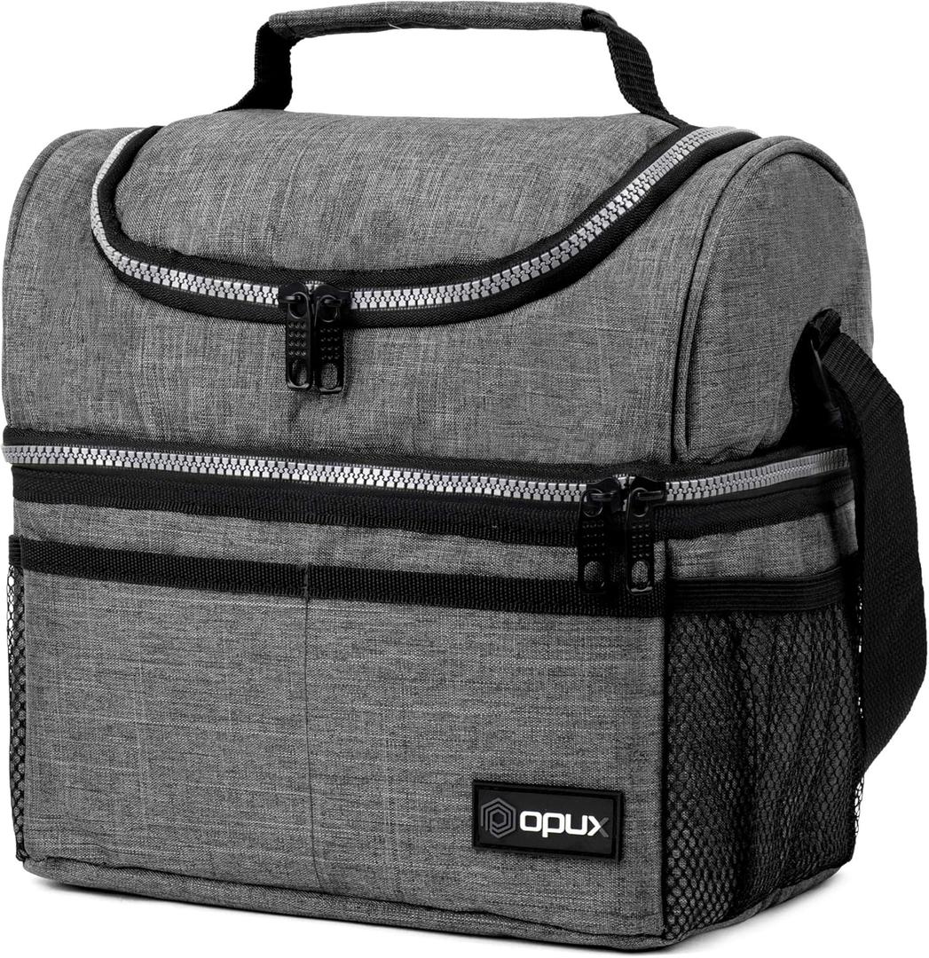 OPUX Lunch Box For Men Women, Insulated Large Lunch Bag Adult Work, Double Decker Lunchbox Meal Prep Dual Compartment Leakproof Lunch Cooler, Soft Lunch Pail Tote Boys Girls Kids School, Heather Gray