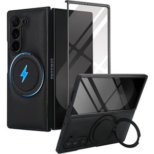 Keallce for Galaxy Z Fold 7 Case with Magsafe, Ultra Slim Thin Full Cover, 360 Swivel Kickstand, Premium Leather Phone Cover Retro Design, Full Protective Shockproof Case for 8.0 ",Black
