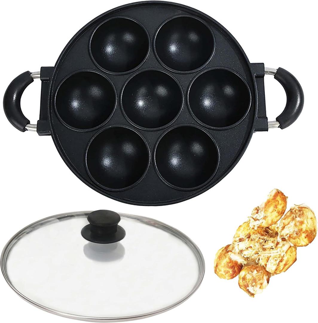 Japan large aperture takoyaki pan with glass cover,cake mold baking pan,fry eggs,Poffertjes pan,Appam pan,Banh khot pan,cupcake pan,takoyaki maker,Nonstick,0.95kg(7 Hole)
